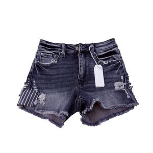 Petra153 Womens Distressed Denim Shorts Dark Wash Stripe Patch P671RH-MD Size 24